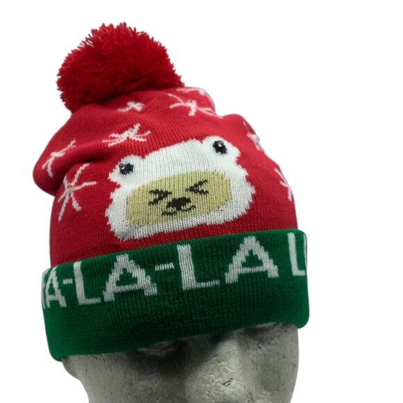 Christmas Pom Pom Beanie Hat LED Light Up Bear Fa-La-La Red Green Knit Adult OS - Picture 2 of 6
